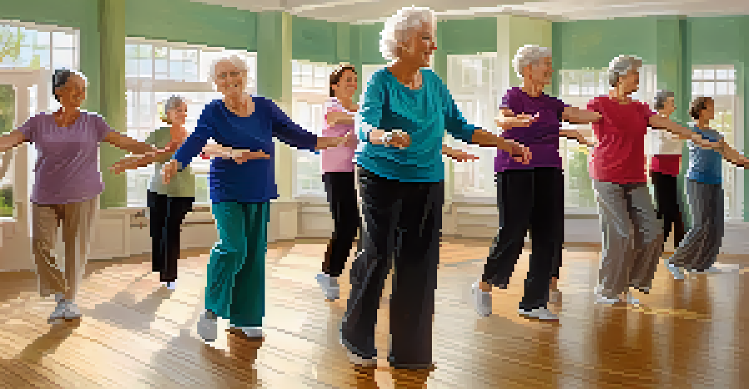 An instructor demonstrating dance movements to a group of attentive older adults in a supportive studio environment.