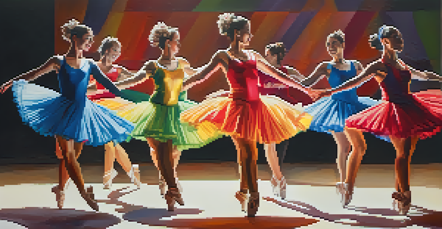 A synchronized group of dancers performing on stage with colorful costumes.
