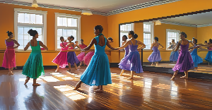 A dance studio with diverse dancers in colorful outfits improvising in a well-lit space.