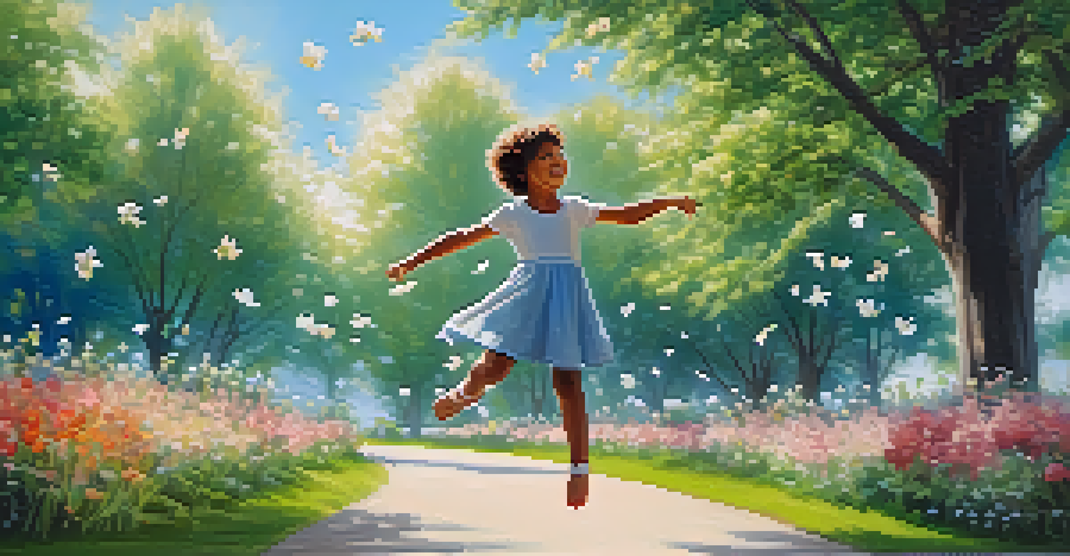 A child dancing joyfully in a sunlit park filled with flowers and trees, expressing creativity and happiness.