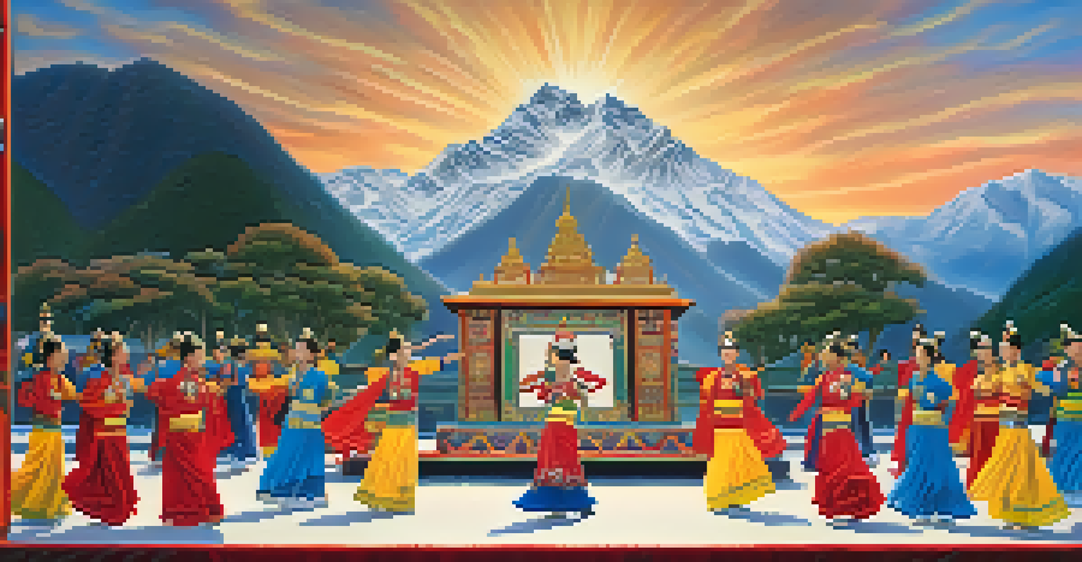 Dancers in colorful Tibetan costumes performing gracefully in a mountainous landscape, radiating tranquility and spirituality.