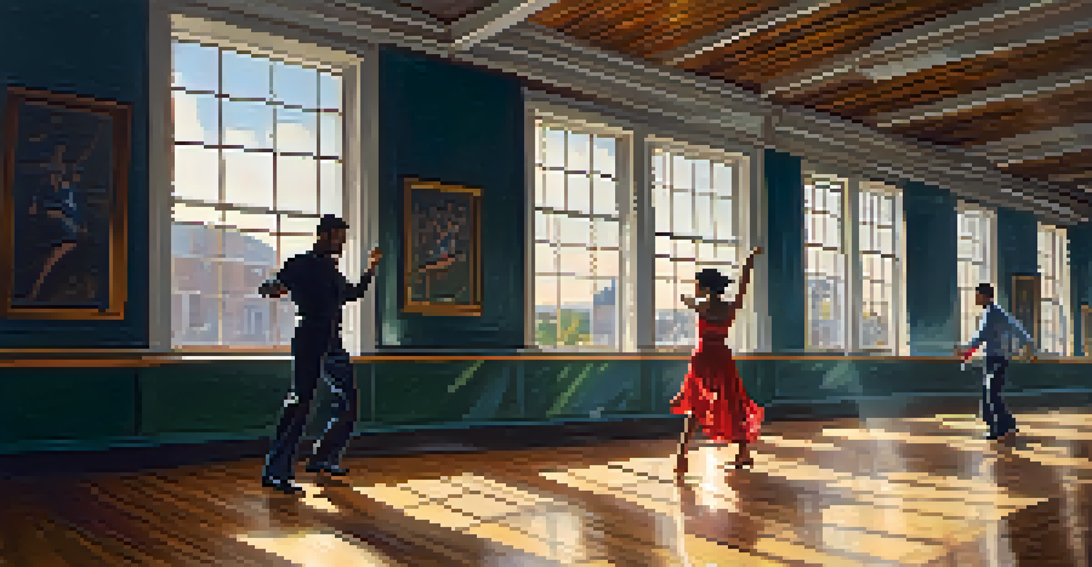 A couple practicing salsa in a bright dance studio, with mirrors and large windows, showcasing their movements and the wooden floor.