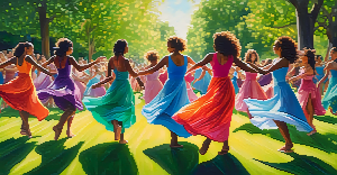 A diverse group of women performing a dance in a park, highlighting their expressive movements and colorful attire, with greenery and sunlight in the background.