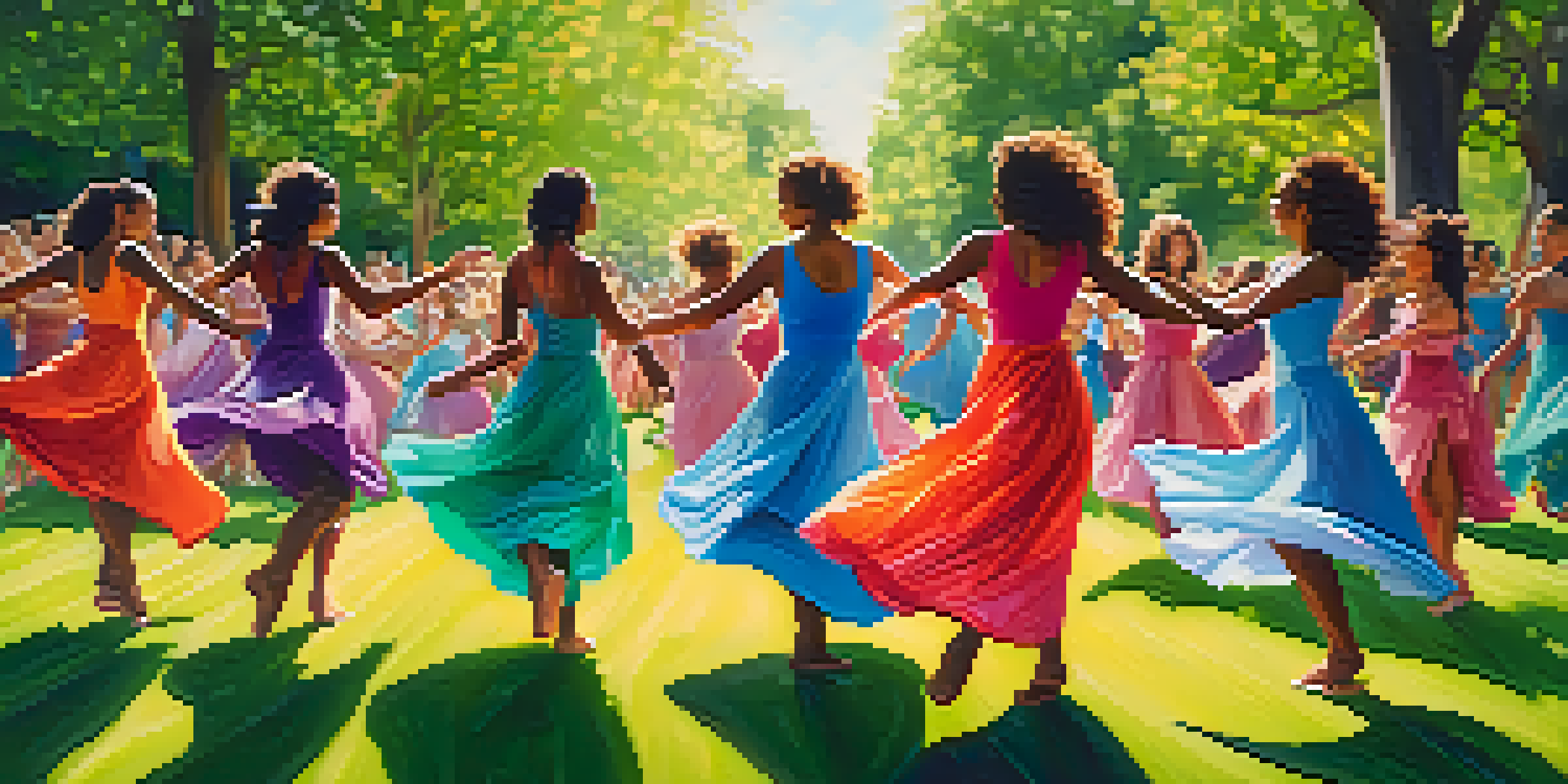 A diverse group of women performing a dance in a park, highlighting their expressive movements and colorful attire, with greenery and sunlight in the background.