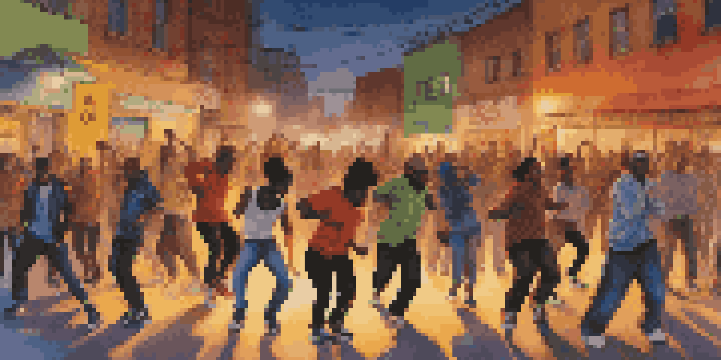 A group of diverse dancers engaged in a krumping dance cypher on an urban street, illuminated by warm streetlight glow, with graffiti in the background.