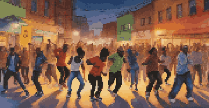 A group of diverse dancers engaged in a krumping dance cypher on an urban street, illuminated by warm streetlight glow, with graffiti in the background.