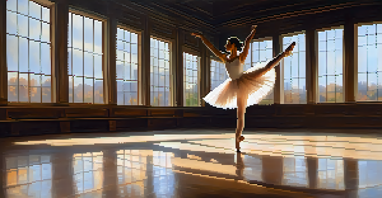 A solo ballet dancer performing on a softly lit stage, wearing a white tutu, with warm colored backdrop and gentle shadows.