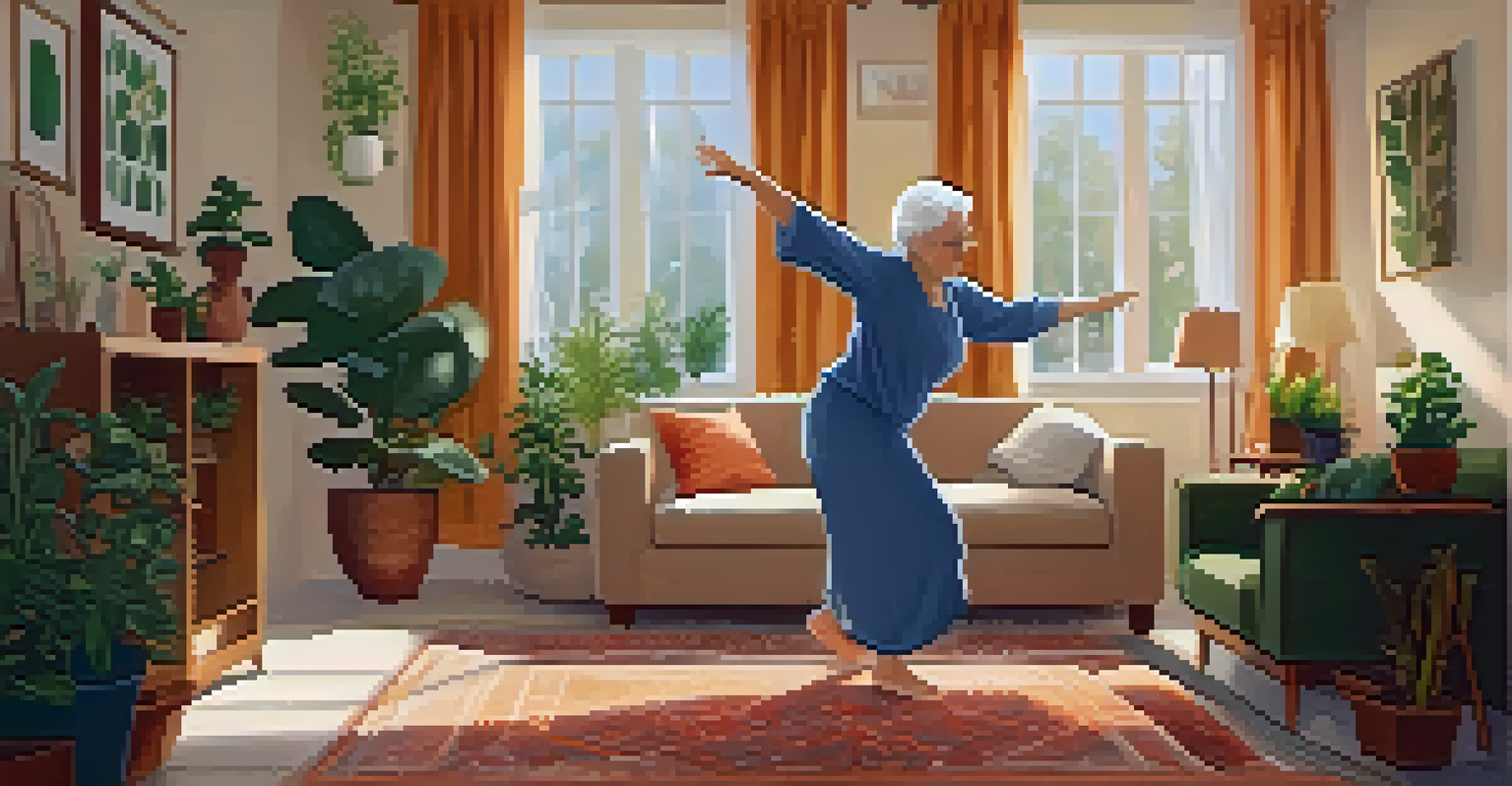 An elderly woman dancing in her living room, surrounded by plants and soft lighting, expressing joy and tranquility.
