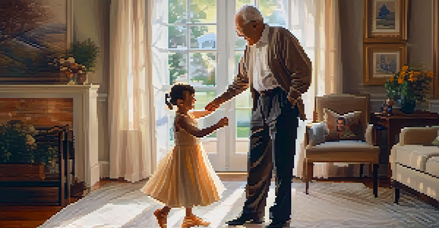 A grandparent teaching a grandchild to dance in a cozy living room, filled with family photos and warm lighting.