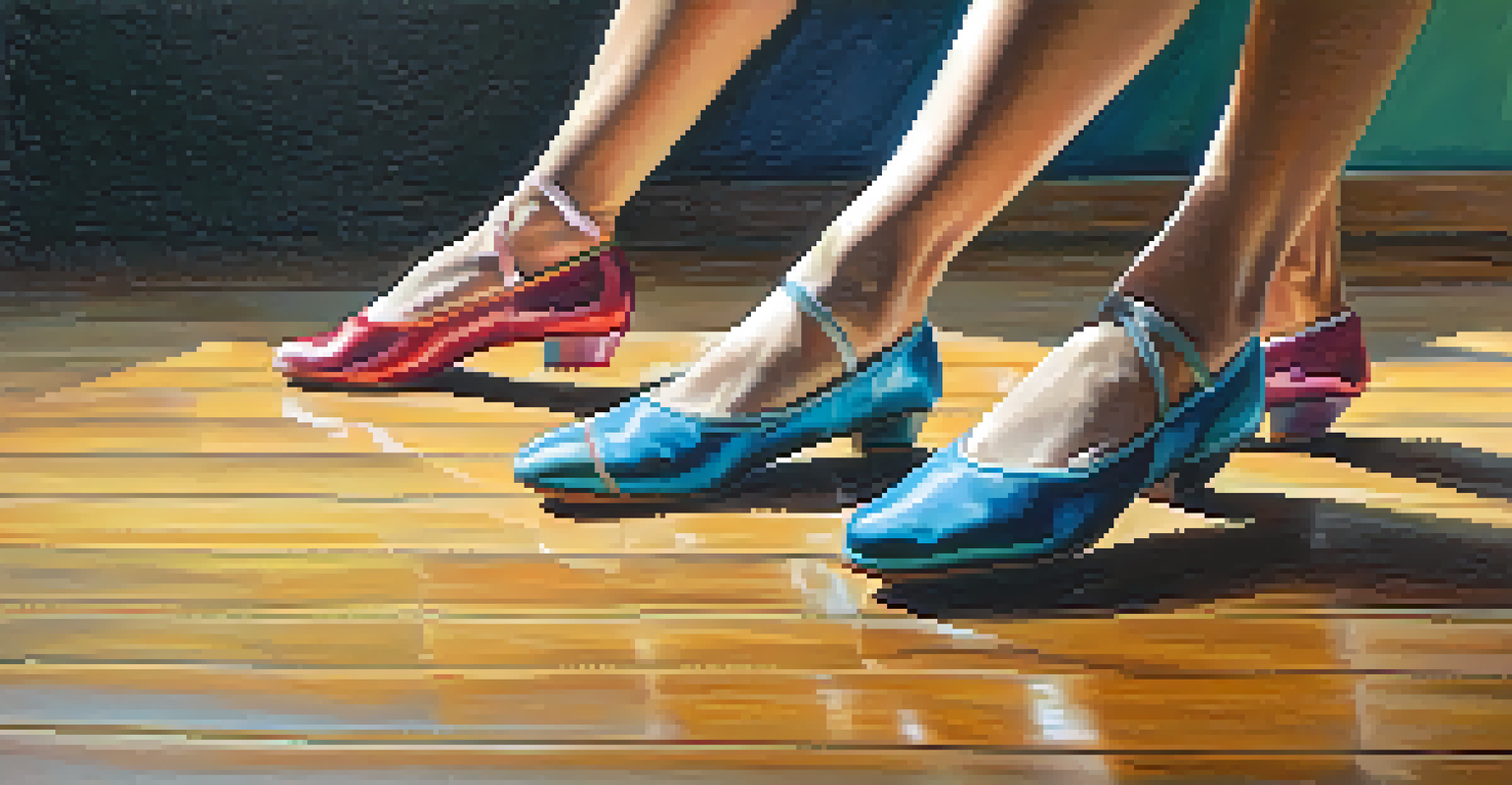 Close-up of a dancer's feet in colorful shoes on a wooden floor, showcasing intricate movement.