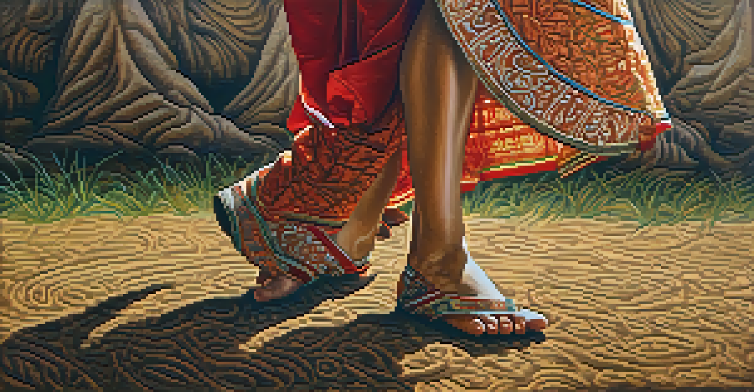 Close-up of a dancer's feet in traditional footwear moving across the ground, surrounded by grass and flowers, emphasizing textures.