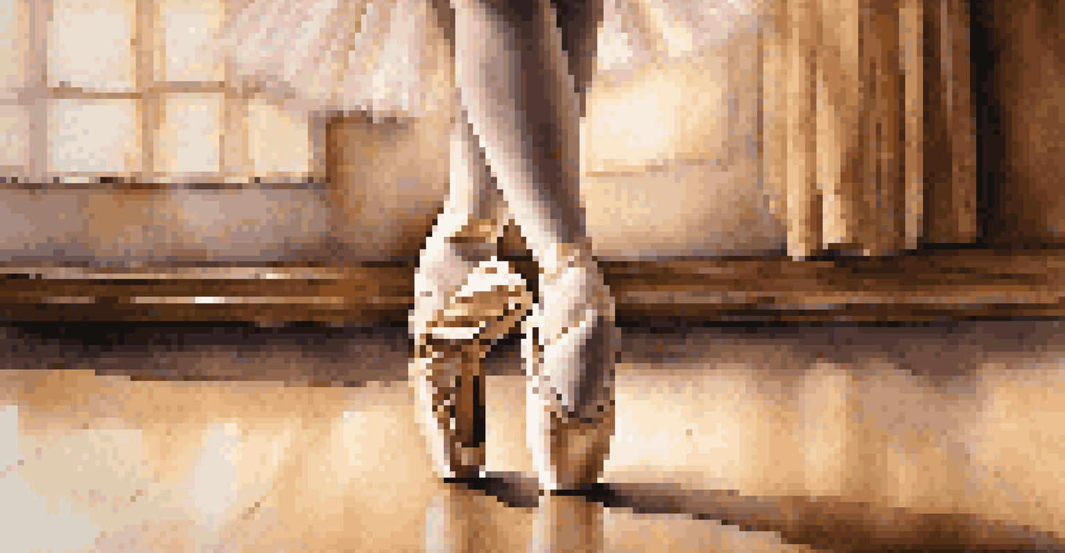 Close-up of a young dancer's ballerina shoes on stage, emphasizing the delicate details and warm lighting.