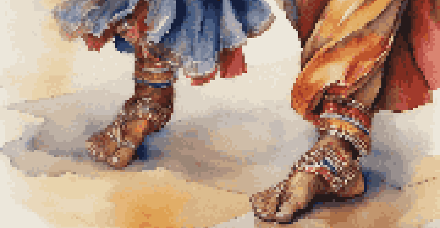 A close-up of dancers' feet in traditional footwear performing, with a blurred background highlighting the movement and rhythm of the dance.