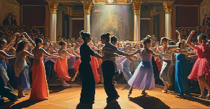 A vibrant performance art scene with dancers in motion and an engaged audience, illuminated by warm lighting.