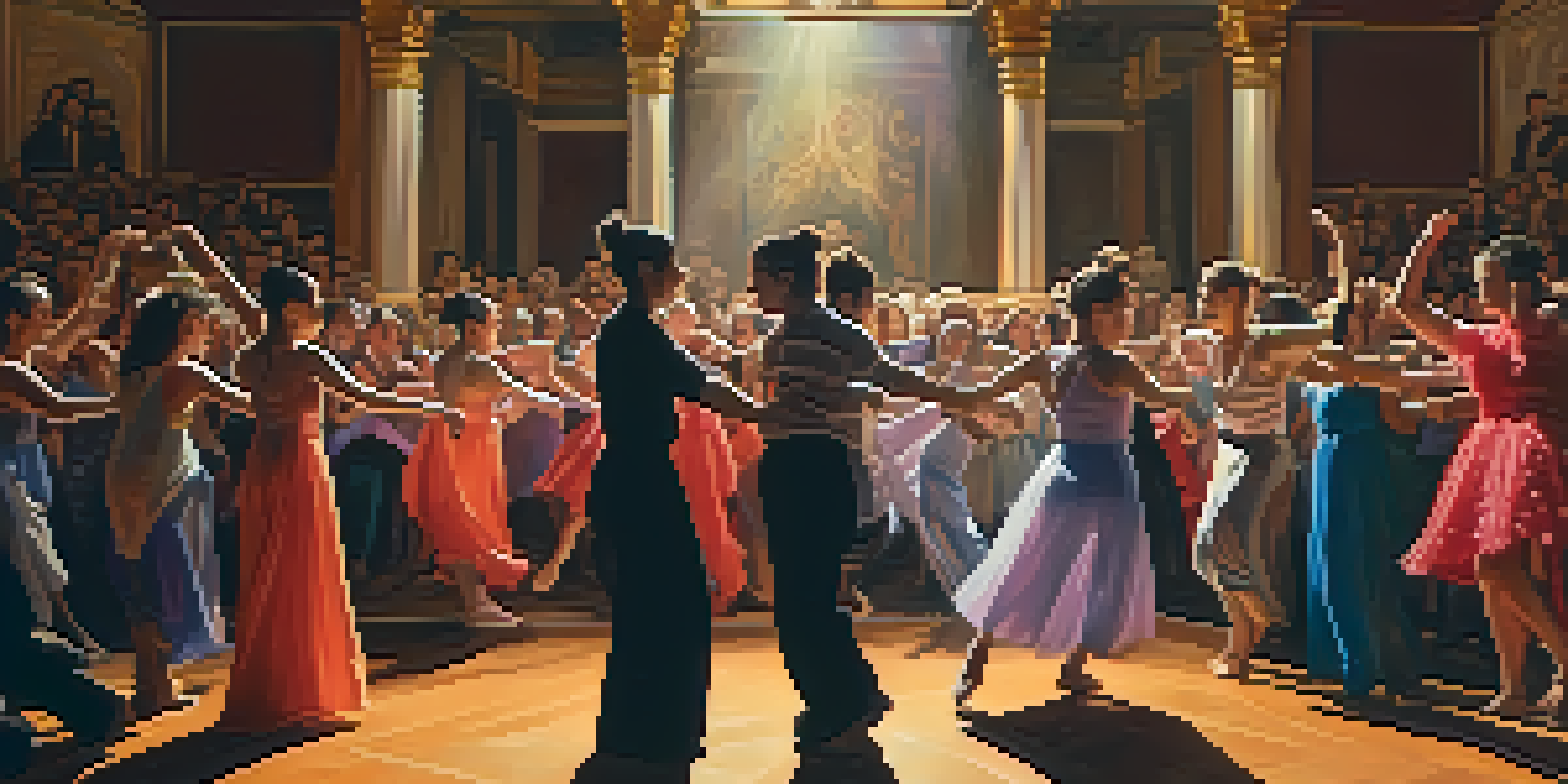 A vibrant performance art scene with dancers in motion and an engaged audience, illuminated by warm lighting.