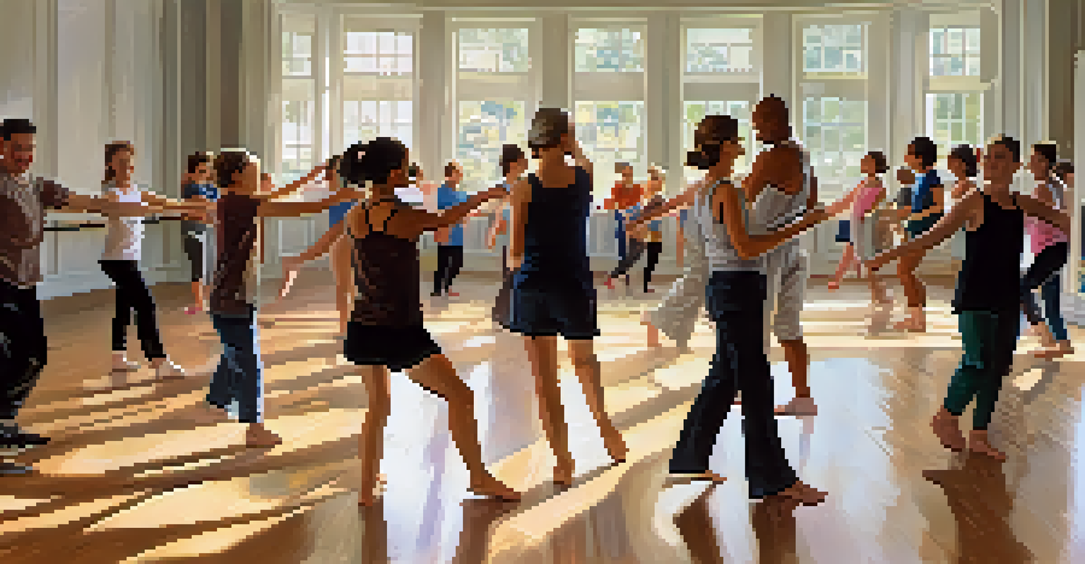 A dance workshop with diverse participants practicing in a sunlit studio with mirrors and wooden floors.