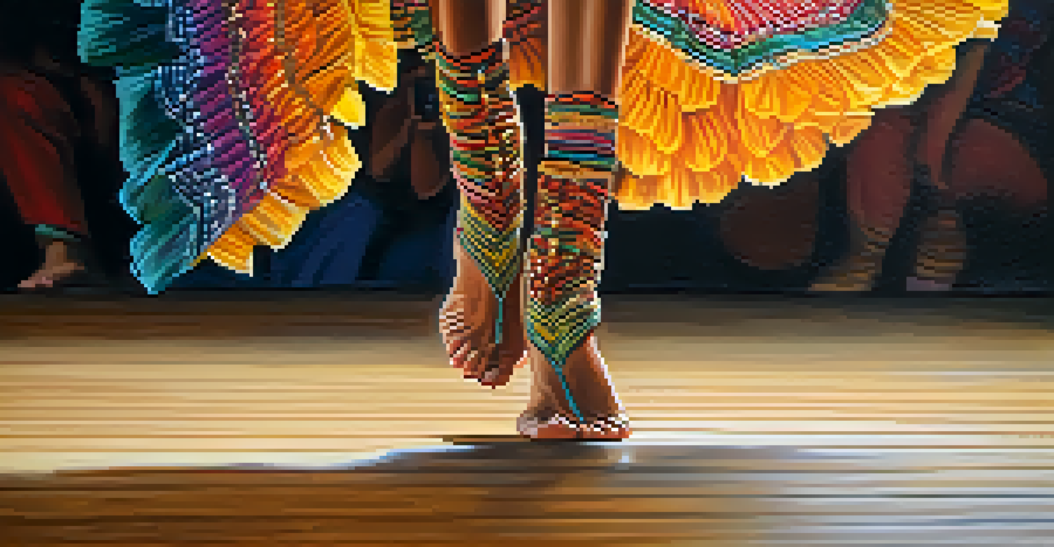 A close-up shot of a dancer's feet in traditional footwear performing on a wooden stage, showcasing the vibrant costume and graceful movement.