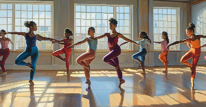 A diverse group of young dancers practicing a routine in a bright dance studio with sunlight streaming through windows.