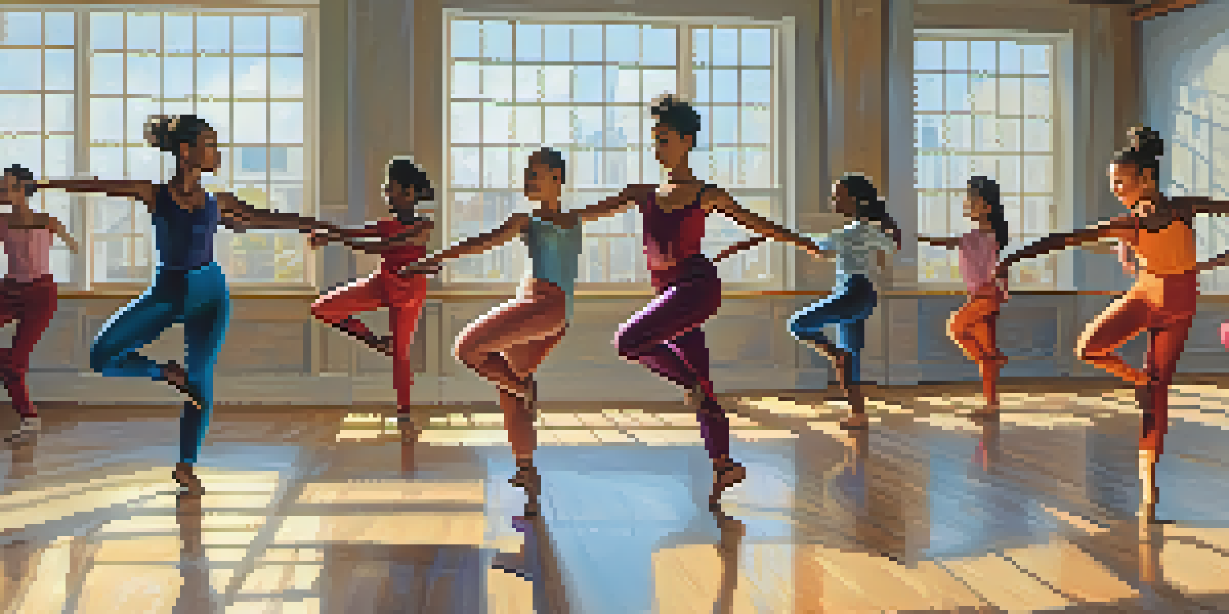 A diverse group of young dancers practicing a routine in a bright dance studio with sunlight streaming through windows.