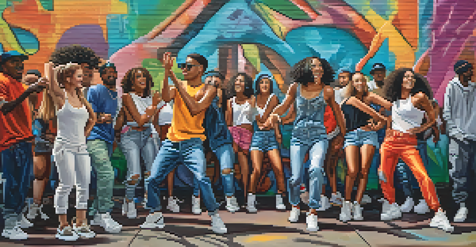 Dancers performing hip-hop moves in an urban environment with a colorful graffiti wall, showcasing a lively atmosphere and diverse fashion styles.