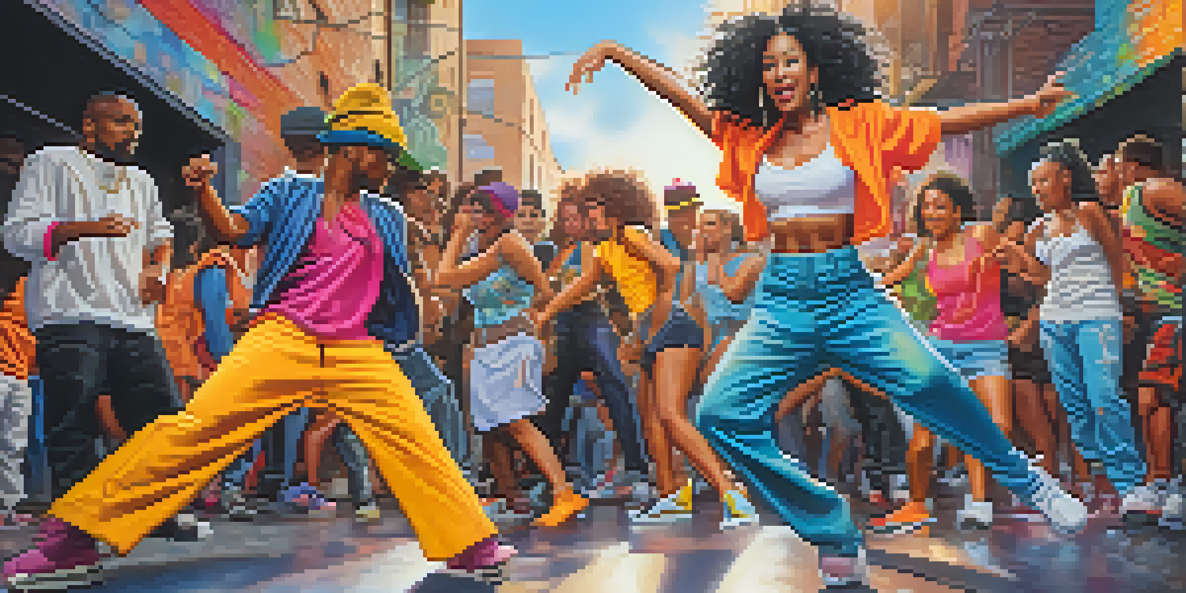 A lively street scene with dancers in colorful outfits engaged in a funk dance battle, surrounded by graffiti art and an enthusiastic crowd.