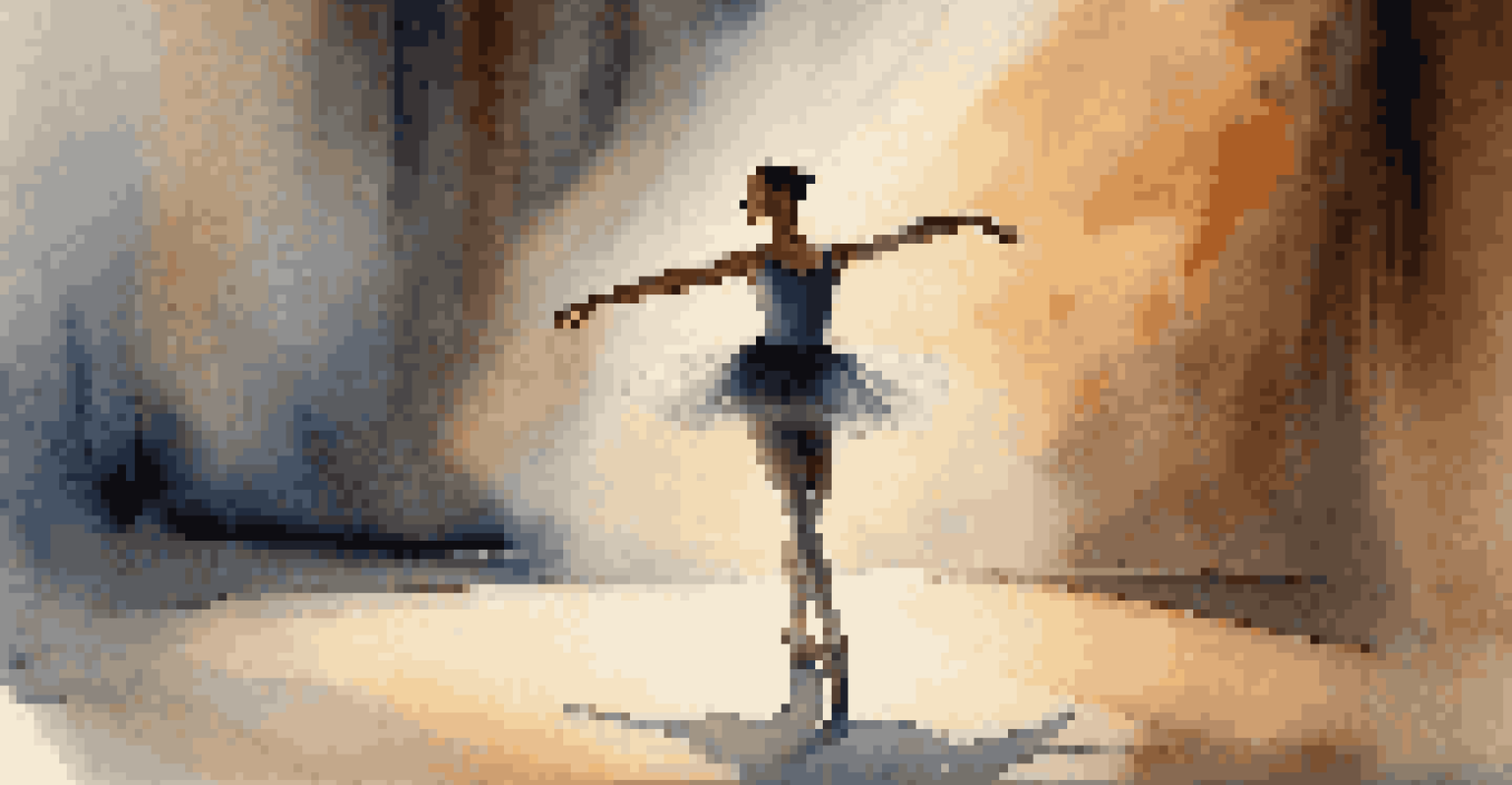 A ballet dancer gracefully positioned in a spotlight, surrounded by soft warm lighting and a cool backdrop.