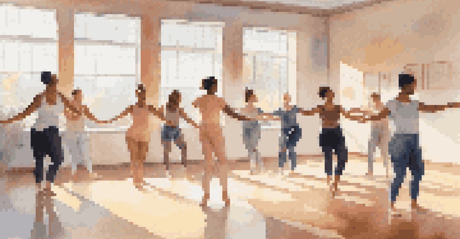 A peaceful dance therapy session in a sunlit studio with individuals expressing emotions through movement, surrounded by soft colors and natural light.