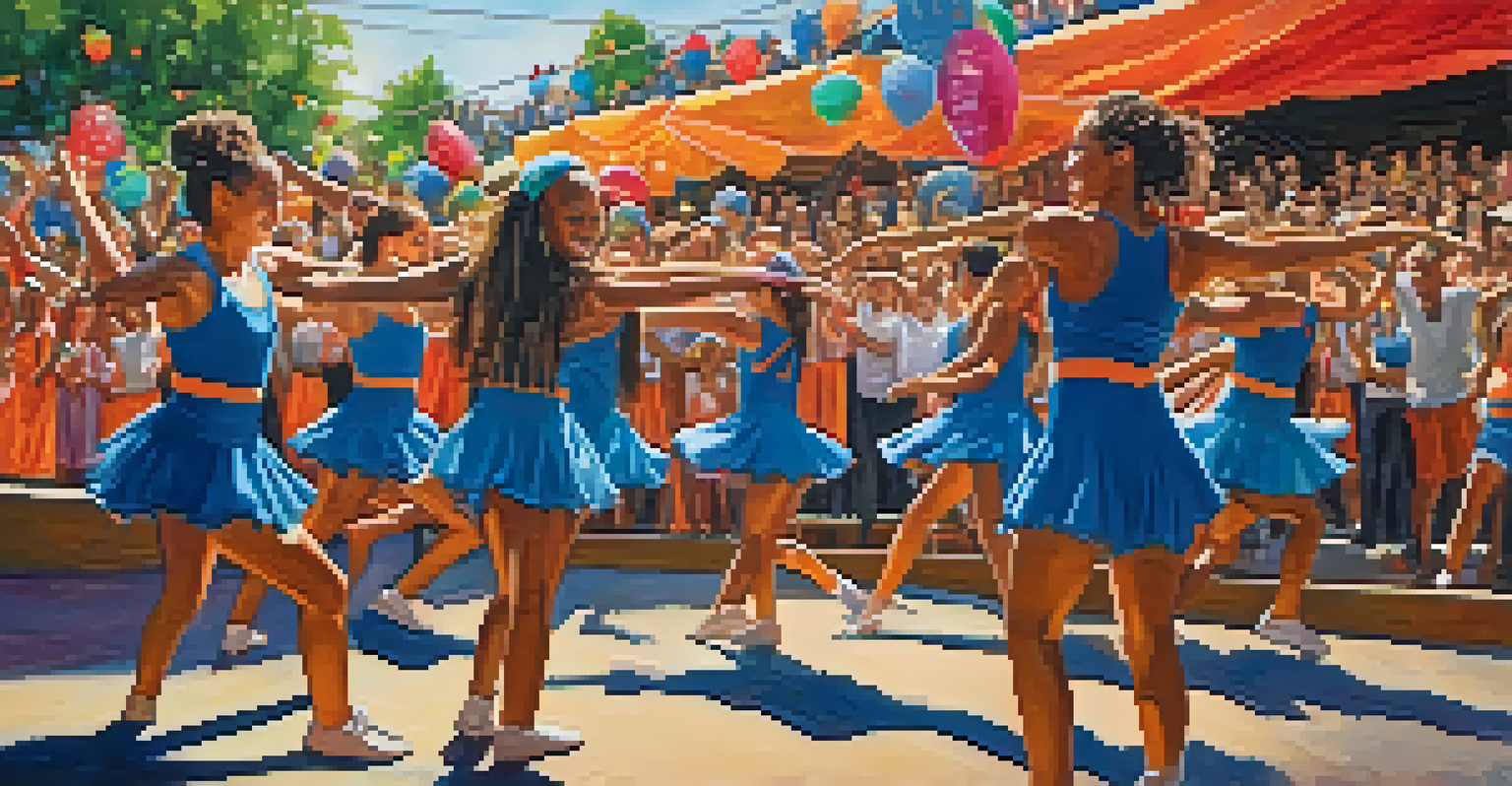 Dancers performing joyfully at a community festival, with bright decorations and a captivated audience.