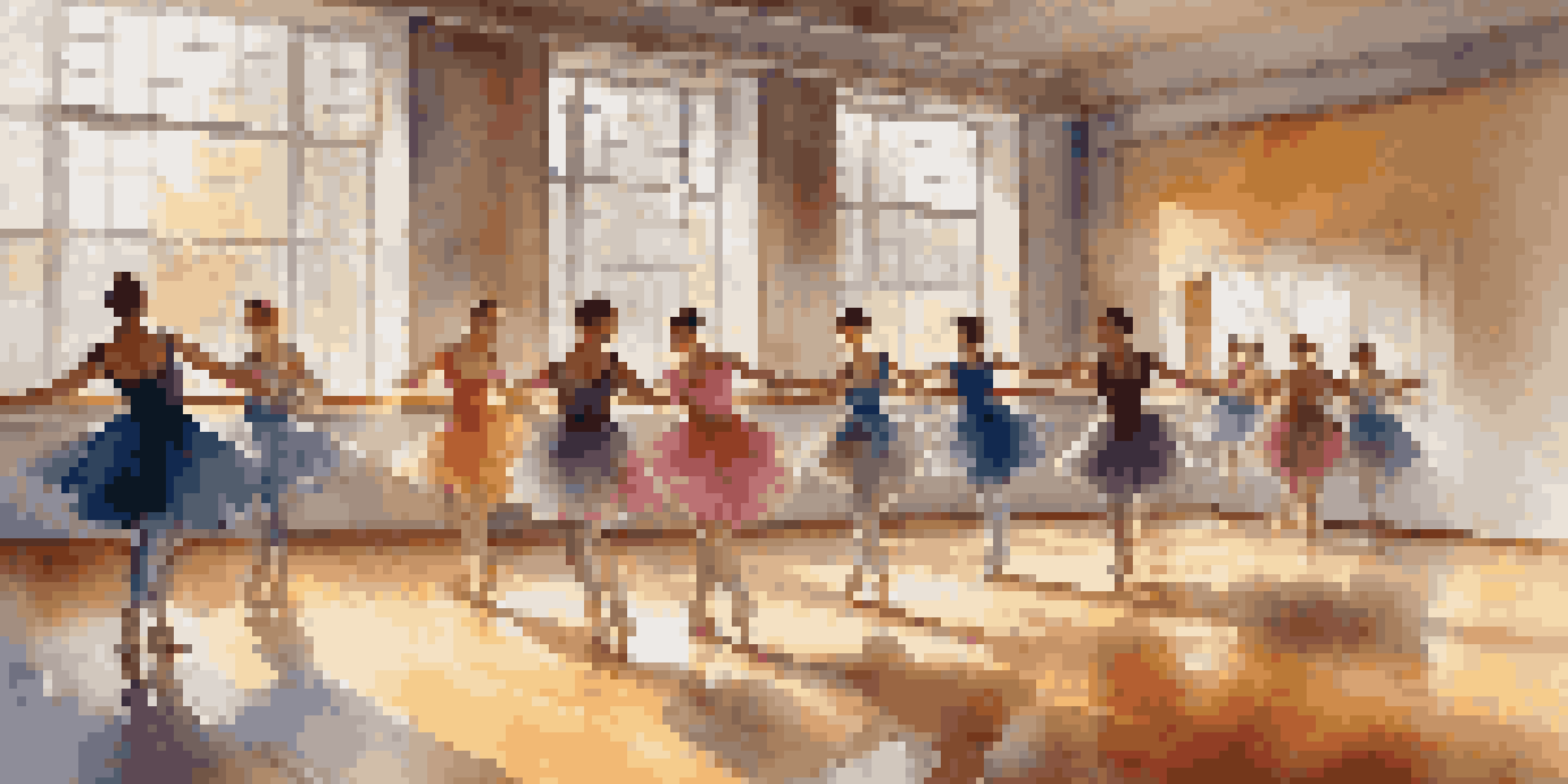 A group of dancers rehearsing in a bright studio, showcasing their colorful costumes and focused expressions.