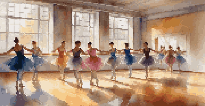 A group of dancers rehearsing in a bright studio, showcasing their colorful costumes and focused expressions.