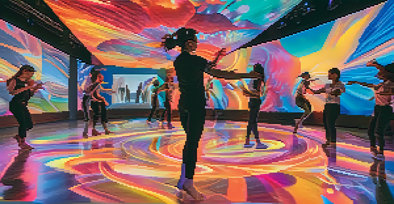 A futuristic scene of viewers interacting with virtual dancers in an augmented reality setting with colorful abstract visuals.