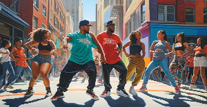 A diverse group of dancers showcasing their energy and joy while performing a hip-hop routine in an urban environment with colorful graffiti.