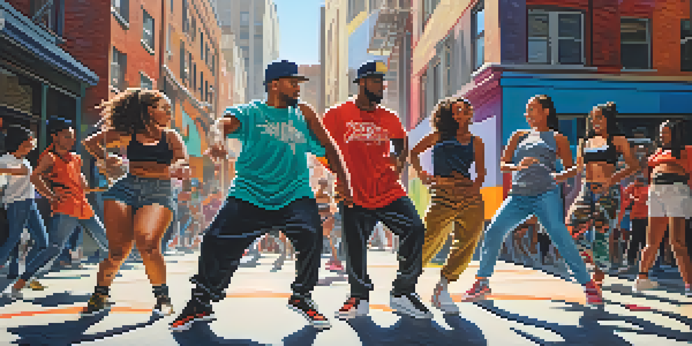A diverse group of dancers showcasing their energy and joy while performing a hip-hop routine in an urban environment with colorful graffiti.
