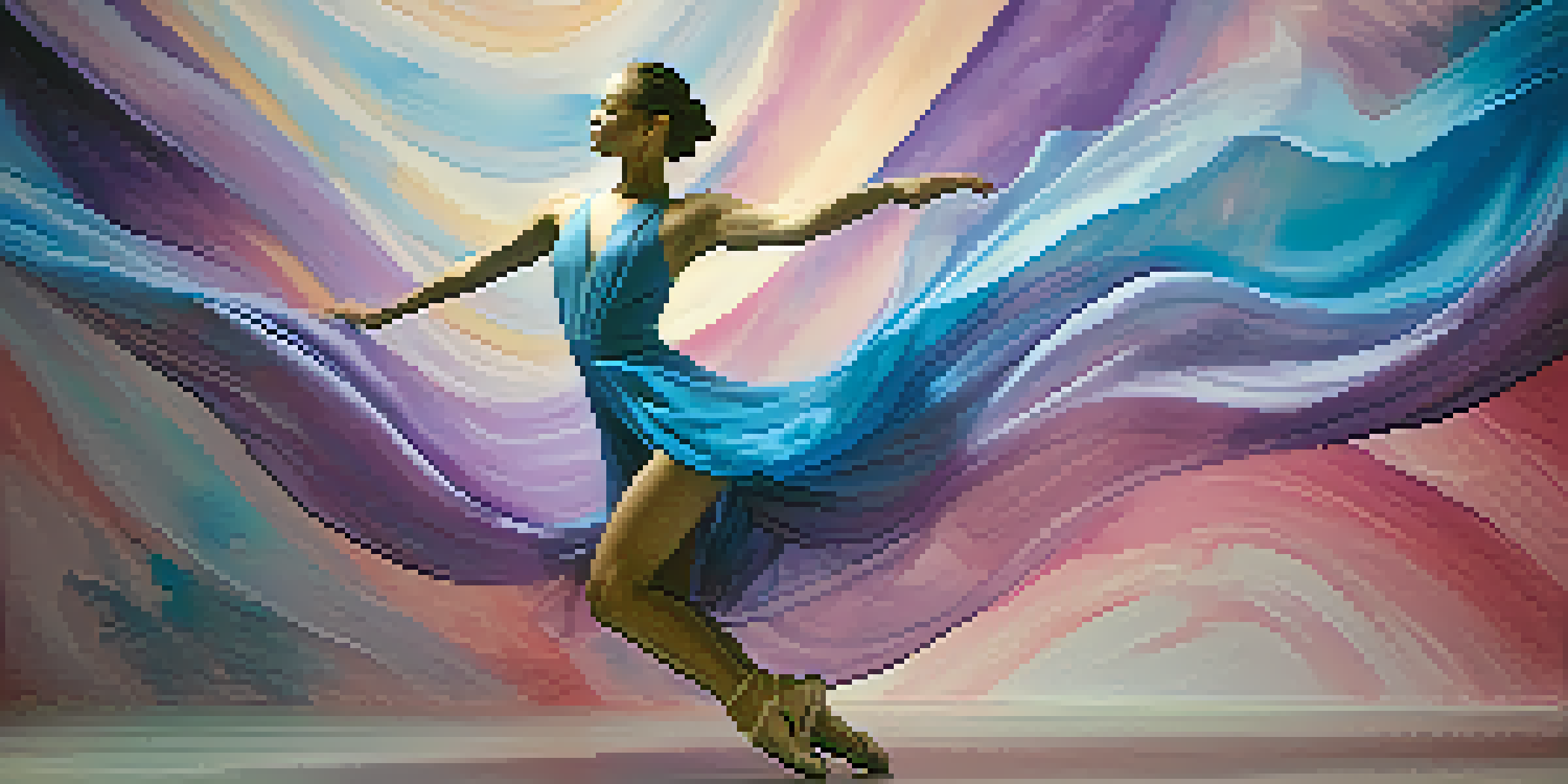 A contemporary dancer in a flowing pastel dress performing on stage, with soft lighting and an abstract colorful mural in the background.