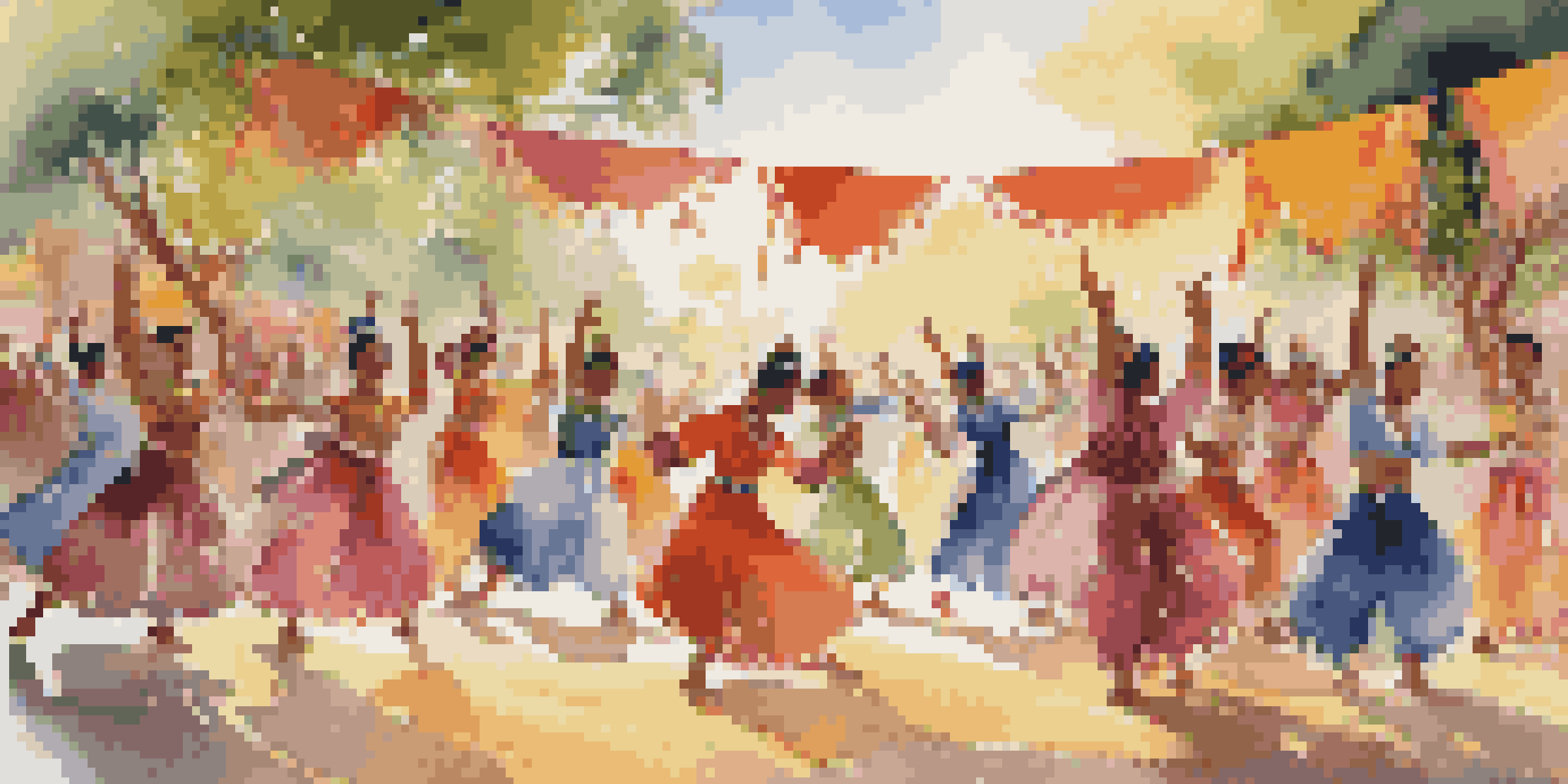 A lively dance festival with performers in traditional costumes, showcasing diverse cultural expressions. The audience is engaged, and sunlight creates a warm atmosphere.