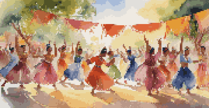 A lively dance festival with performers in traditional costumes, showcasing diverse cultural expressions. The audience is engaged, and sunlight creates a warm atmosphere.