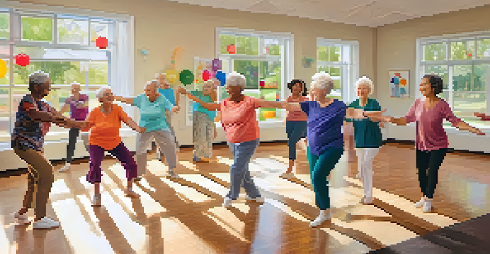 A lively dance therapy session for seniors in a bright community center, with diverse older adults following an instructor's movements.