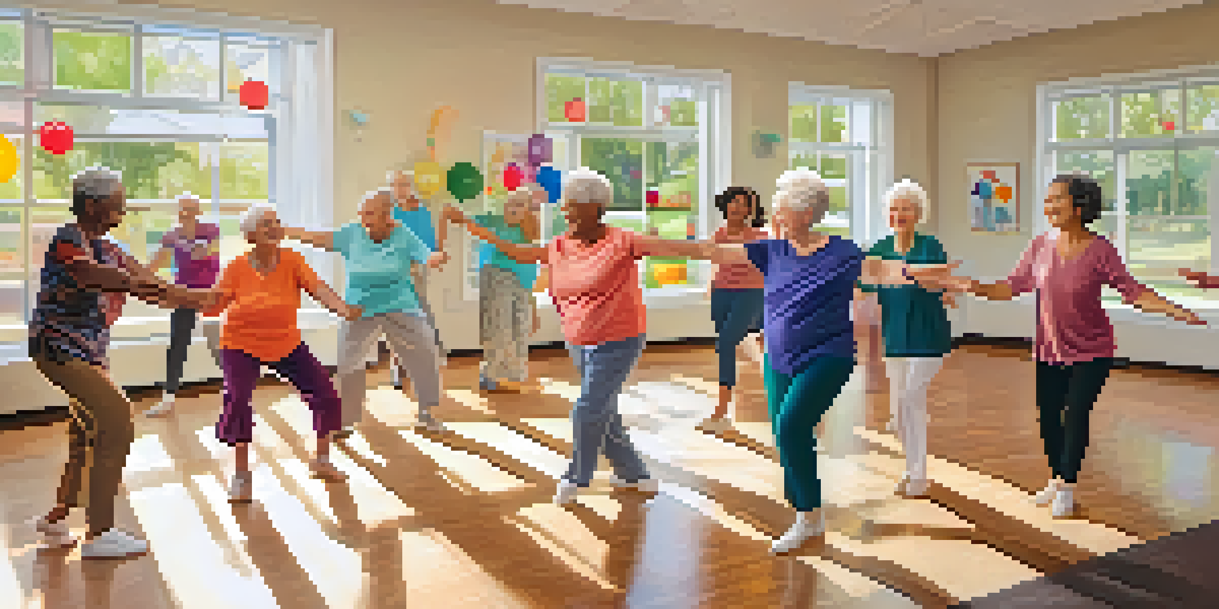 A lively dance therapy session for seniors in a bright community center, with diverse older adults following an instructor's movements.