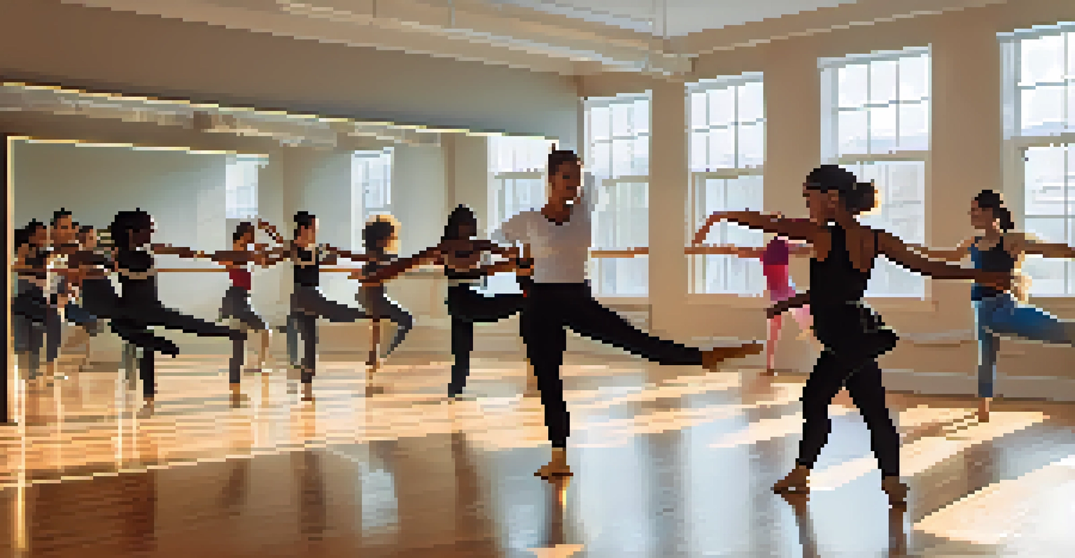 A dance studio with students of different backgrounds taking an online dance class, practicing various dance styles in a bright and inviting environment.