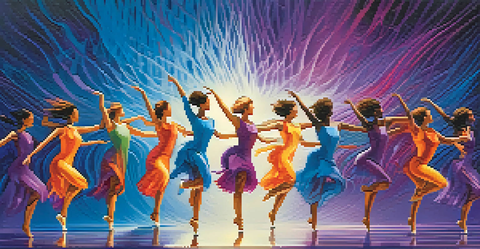 An abstract representation of colorful sound waves blending with dancers in motion, illustrating various dance styles against a blue and purple background.