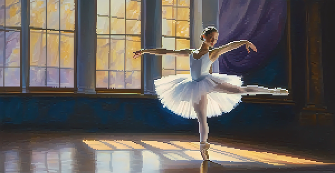 A ballet dancer in a white tutu performing on stage, illuminated by a spotlight, with a blurred blue and purple background.