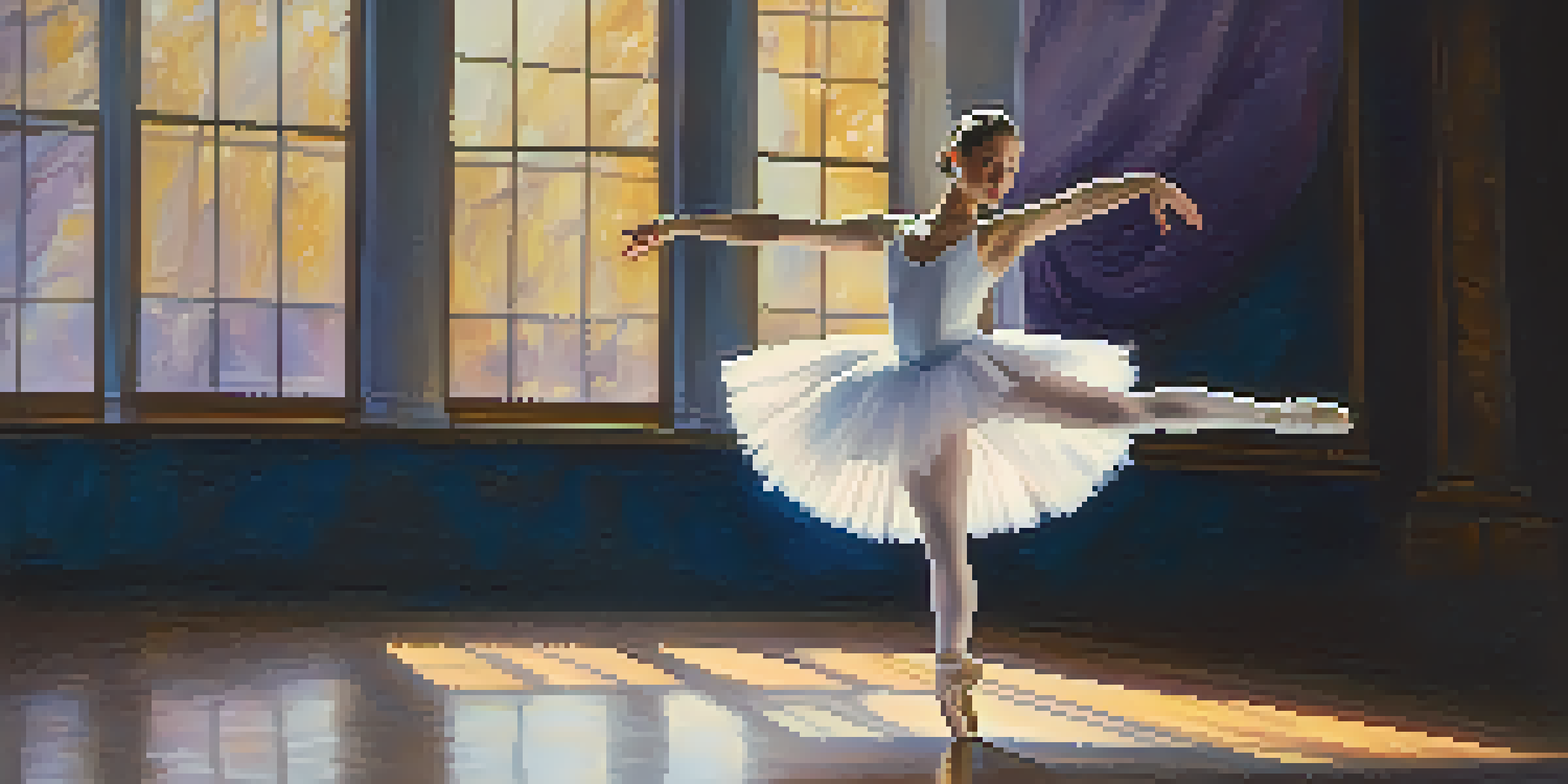 A ballet dancer in a white tutu performing on stage, illuminated by a spotlight, with a blurred blue and purple background.