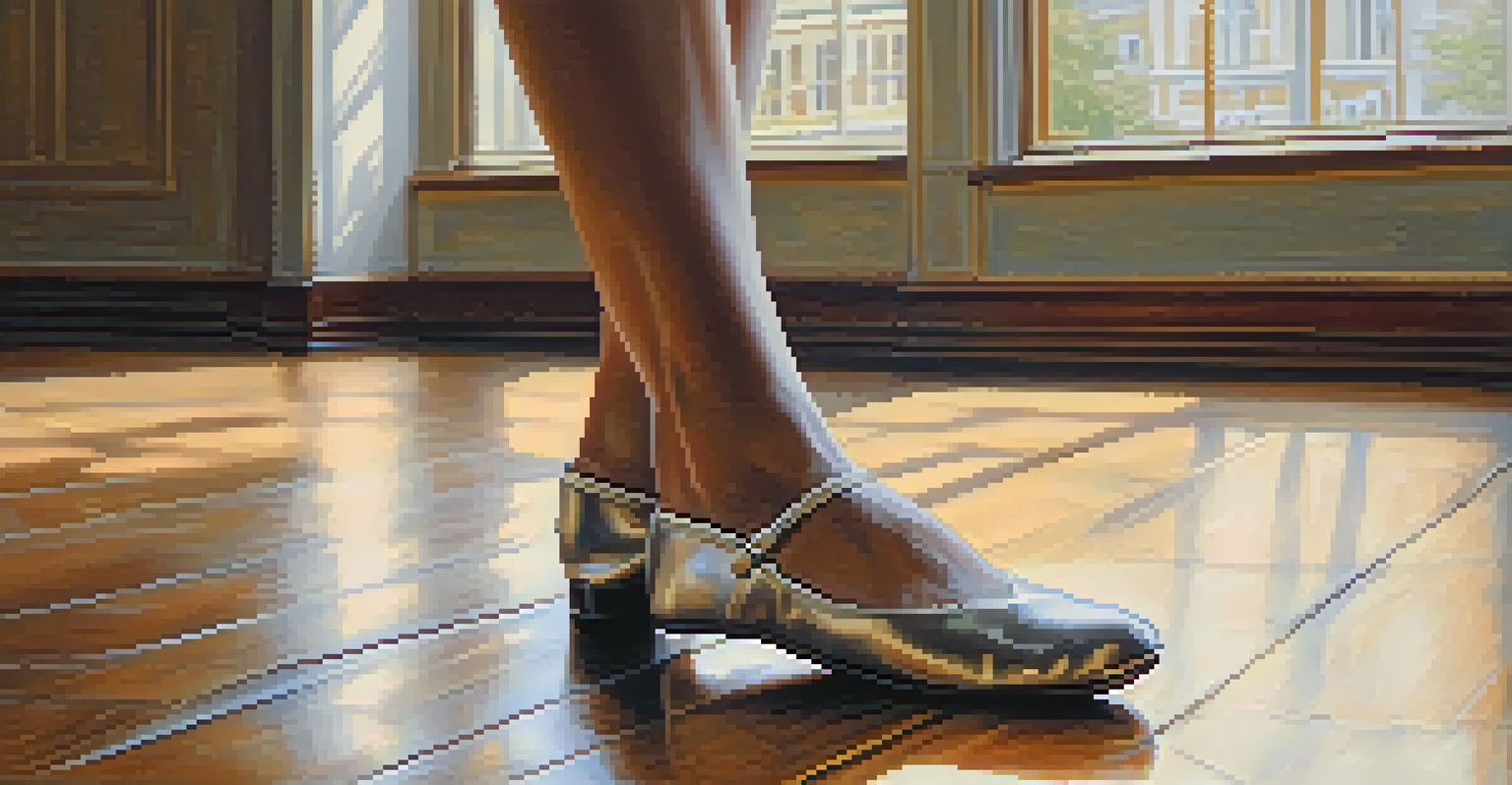 Close-up of a dancer's feet in traditional shoes on a polished wooden floor, with soft natural light illuminating the scene.