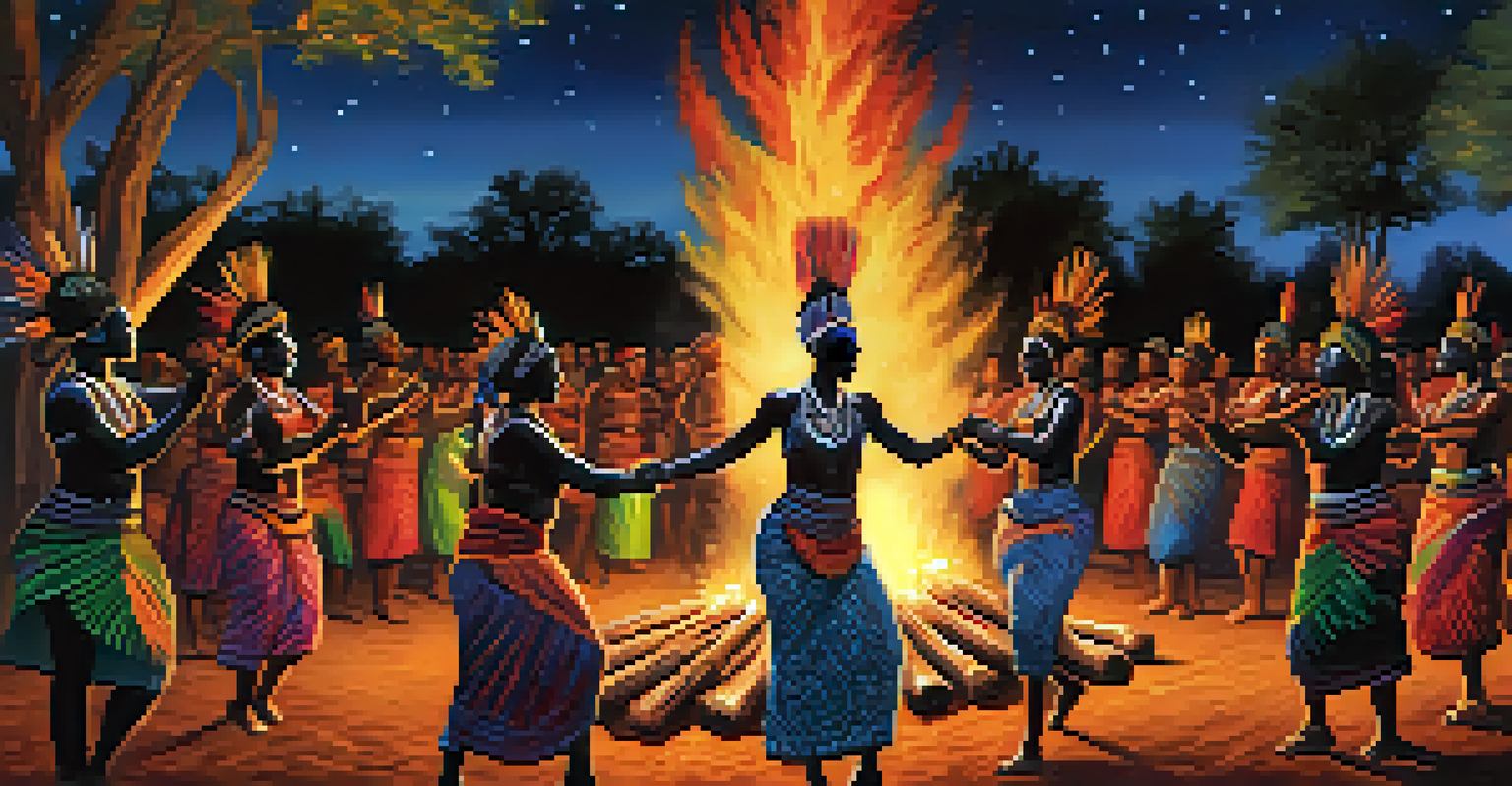 Dancers in colorful traditional attire performing a tribal dance around a bonfire under a starry night sky, with trees in the background.
