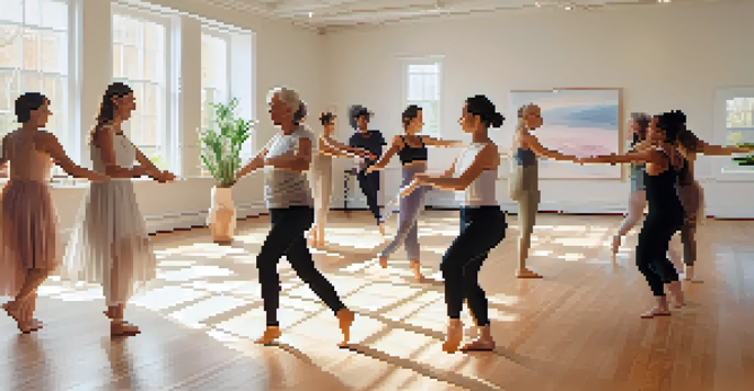 A group of individuals participating in a dance therapy session in a bright studio, expressing emotions through movement.