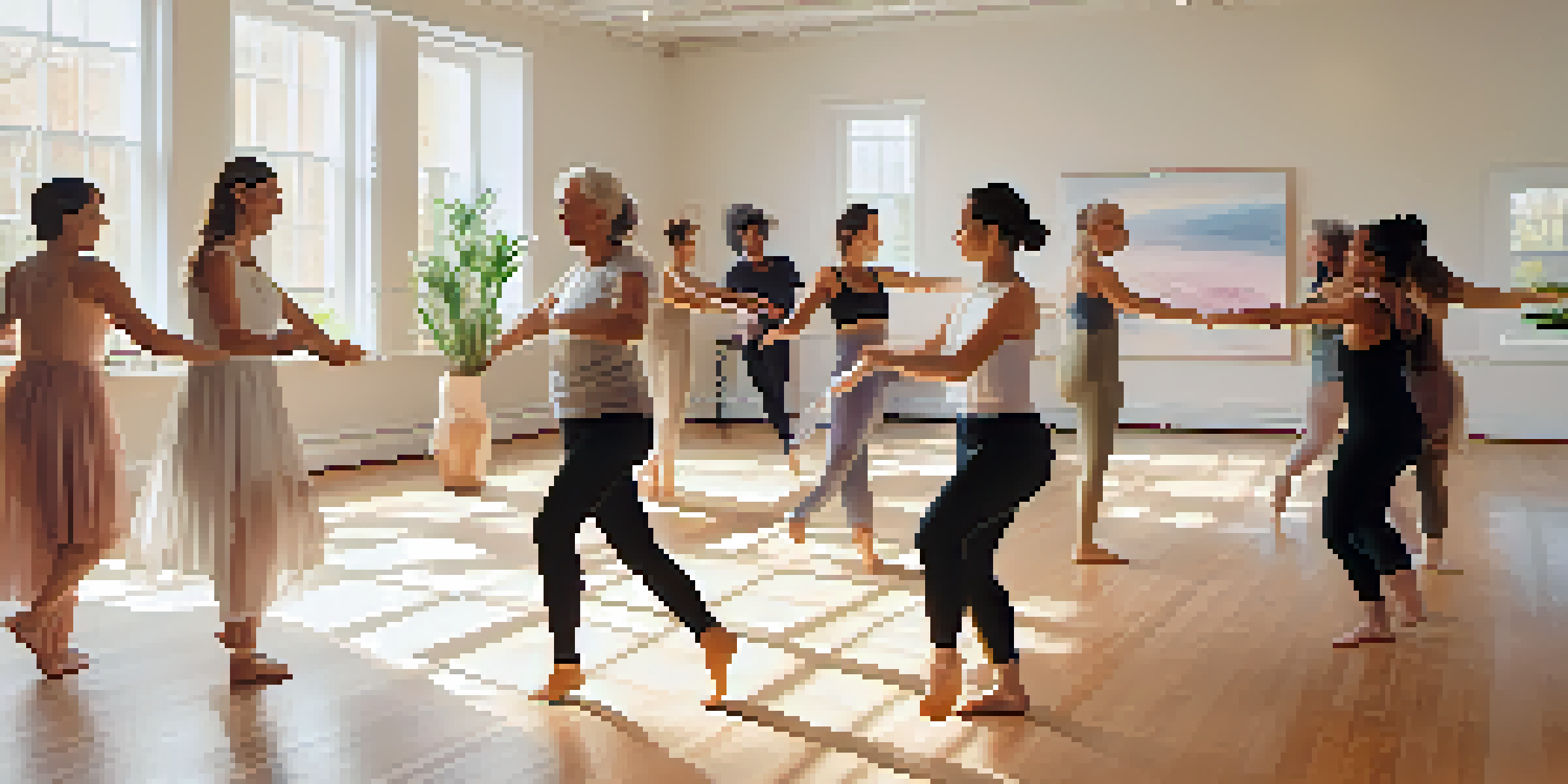 A group of individuals participating in a dance therapy session in a bright studio, expressing emotions through movement.