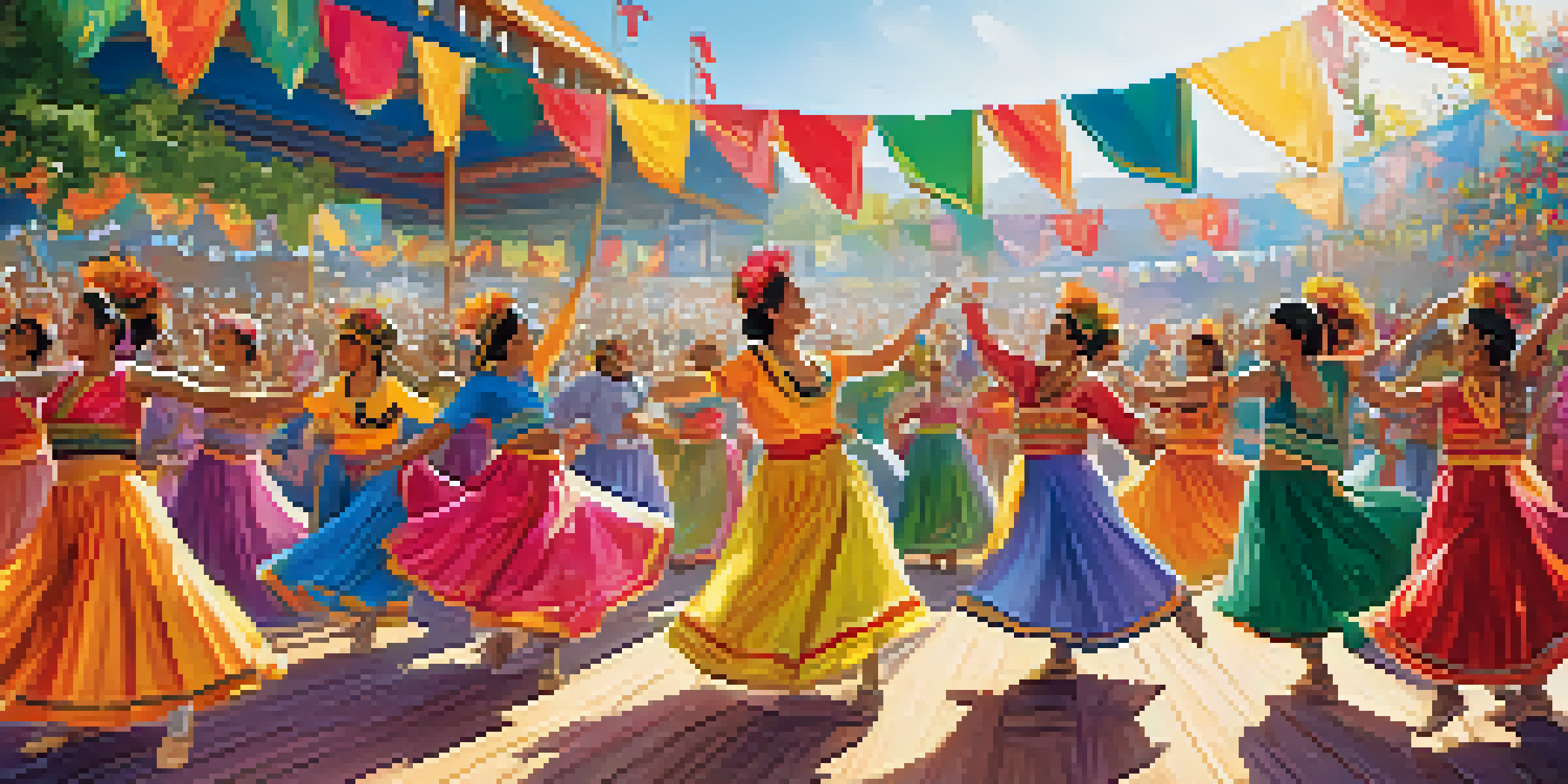A lively dance festival scene with dancers in colorful traditional costumes performing outdoors in front of an enthusiastic audience.