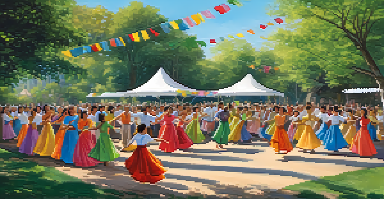 A community dance event in a park with people performing traditional folk dances and a supportive audience.