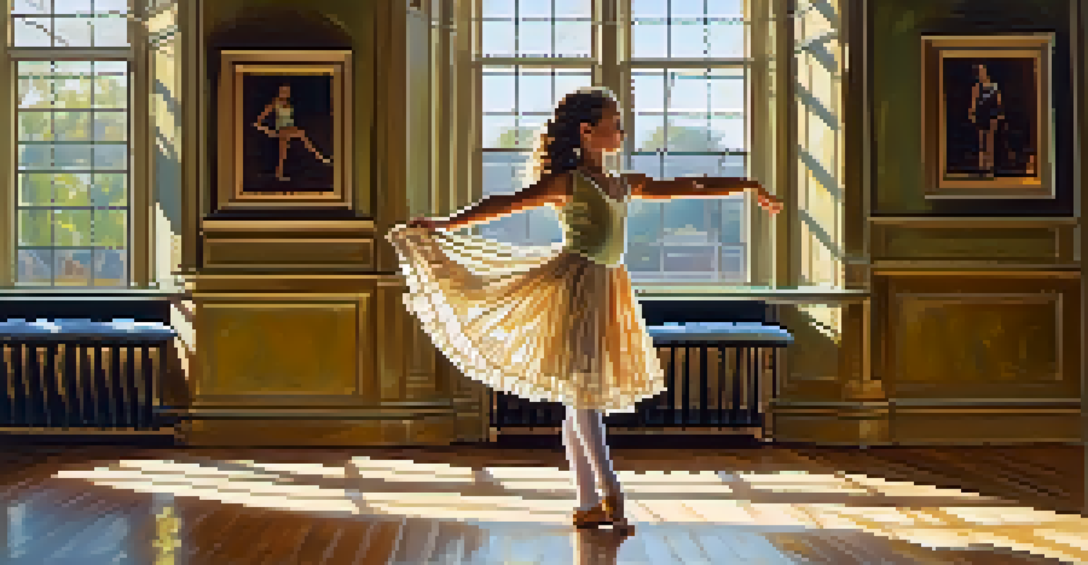 A young Irish dancer practicing her routine in a sunlit studio, focused on her footwork, with a mirror reflecting her dedication and traditional decor.
