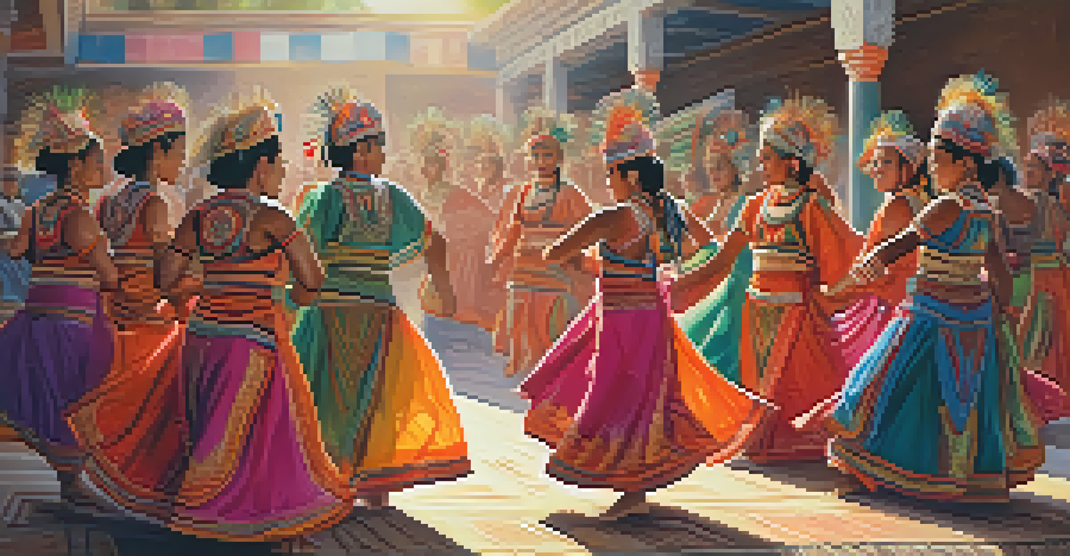 A group of dancers in traditional attire performing gracefully during a cultural ceremony, with warm lighting and symbolic decorations in the background.